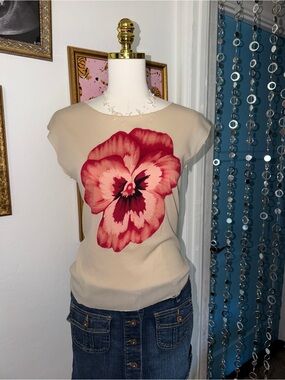 vintage Y2K Beige Floral Graphic Mesh Top Pink Red Flower